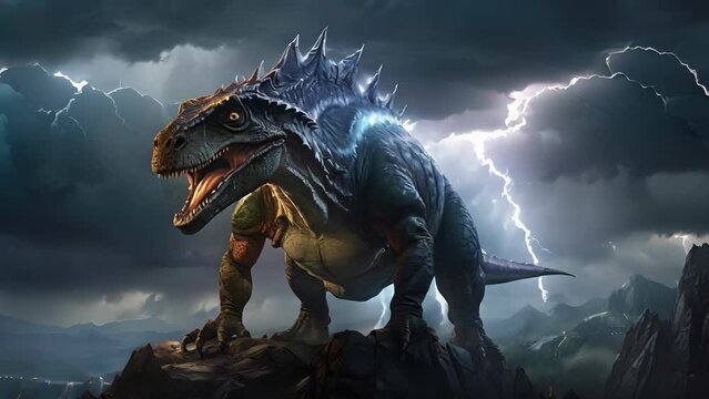 Closeup animation of a powerful dinosaur standing on top of a tall mountain, with lightning strikes in the background and a storm brewing. .