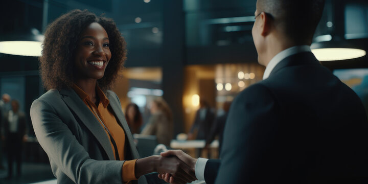 African American businesswoman shaking hands with businessman in meeting office - Powered by Adobe
