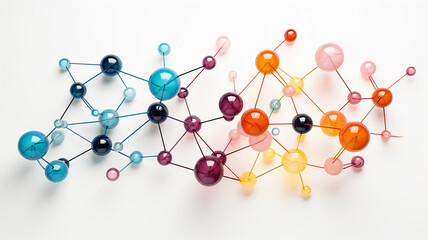 abstract schematic representation of the molecular structure, the relationship of atoms, multicolored round objects in the relationship. fictional object