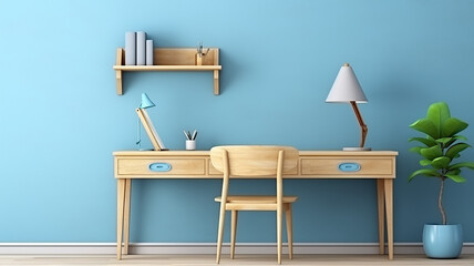 home interior, workplace for study, desk in light blue design tones