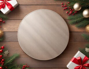 light wooden circle item on wooden table with christmas themed items around