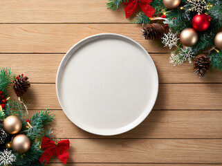 Christmas decoration on wooden background with plate