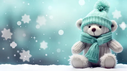 Fotobehang Winter banner with teddy bear wearing a cute scarf and hat. Snowing, Christmas. © Jacques Evangelista
