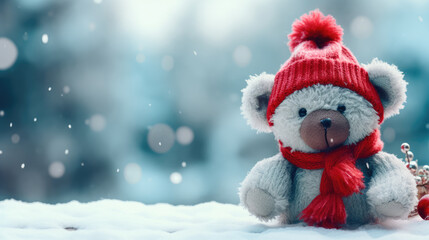 Winter banner with teddy bear wearing a cute scarf and hat. Snowing, Christmas.