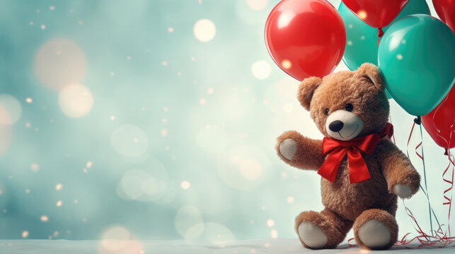 Winter banner with teddy bear wearing a cute scarf and hat with colorful balloons. Snowing, Christmas.