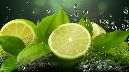 lime drops water, split lime, Limes water splash, black background