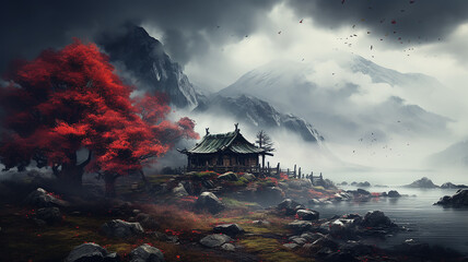 Fototapeta premium landscape a cozy little house in the autumn mountains, a hut in an incredible panorama of nature