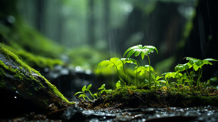 green forest, dew drops and wet rain on young leaves and shoots in the depths of the green forest of the wild