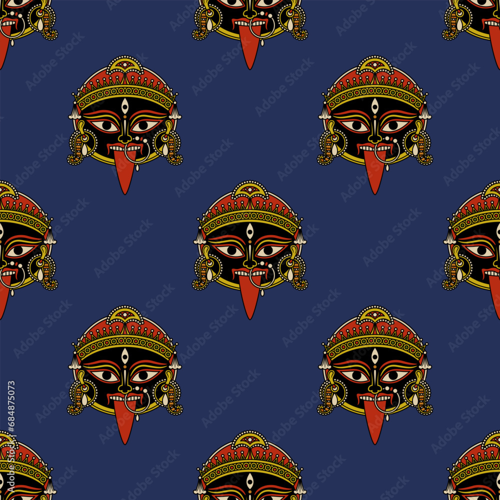 Wall mural Seamless ethnic pattern with of heads of goddess Kali. Hindu masks. Indian female deity of destruction. On blue background.