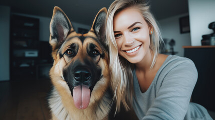 Female social media influencer sitting in her living room with her pet German Shepherd, concept of companionship and connecting consumers' love for pets