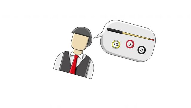 flat design animation of a man thinking about balls and billiard sticks