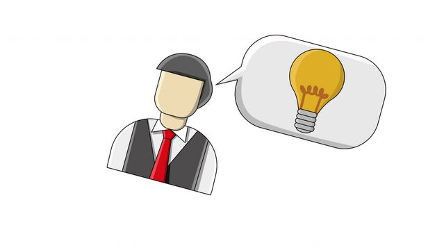 flat design animation of a man thinking about a light bulb