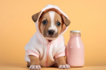 Cute little puppy in baby clothes and milk bottle