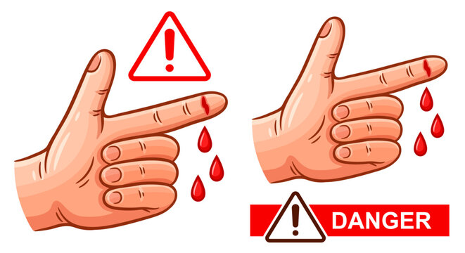 Hand finger cut injury risk warning sign, skin hurt wound with blood drops, unsafe sharp object, equipment icon set. Danger mechanical physical human wrist bleeding body trauma. Health hazard. Vector