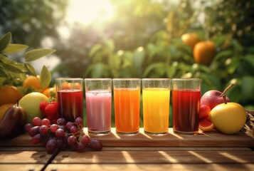 assorted fruit juices on wooden table with garden blur background. generative ai