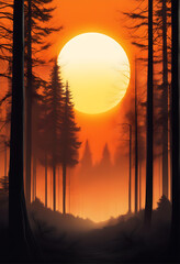Gigantic sun behind haze, forest and trees - Generative AI