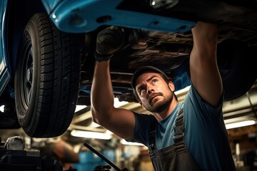 A mechanic working under a car in a garage, fixing the vehicle with tools and expertise.