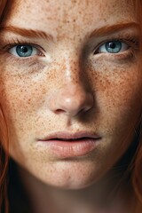 A close-up of a freckled redhead woman, showcasing her unique and charming features.