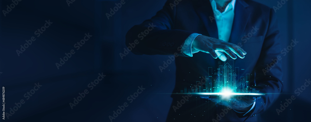 Aufkleber businessman analysis calculates financial data of growth for long-term investments with digital grap