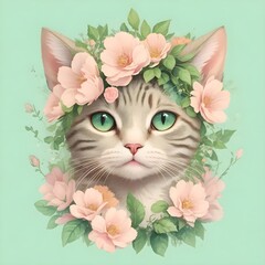 cat with flowers and green branches