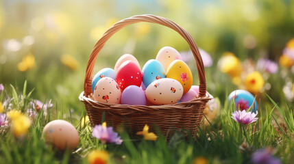 Sunny Day Delight: Easter Eggs Nestled in Basket Amid Orchard Bliss - Powered by Adobe