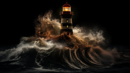 shining lighthouse in the raging night sea, storm ocean element waves