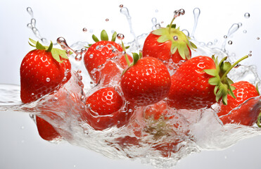 Fototapeta premium strawberry drops water, Strawberry falling, splash water, white background