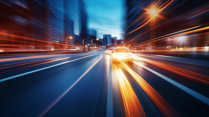 Obraz premium highway, speed blurred car background, tracks from the headlights, urban rhythm city nightlife, twilight traffic on the road
