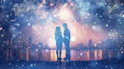 silhouette of a couple in love on the background of Christmas fireworks, abstract blurred background snowflakes winter holiday, newlyweds copy space blank