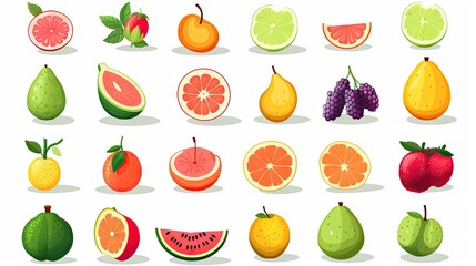 Assorted fruit icons: apple, orange, banana, and more, beautifully arranged in a vibrant collection.