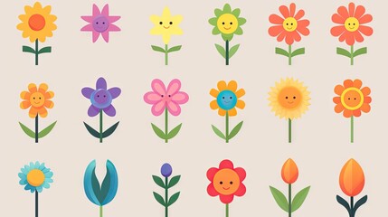 Vibrant floral display set with leaves in various colors.