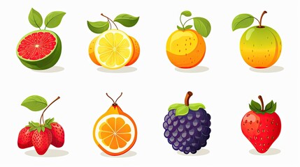 Assorted fruit icons: apple, orange, banana, and more, beautifully arranged in a vibrant collection.