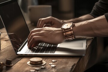 closeup image of hands and wrist flexing on a laptop, a man working on a laptop, man's wrist on the laptop, freelancing, man working, workstation