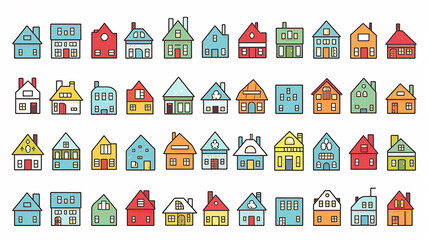 collection of icons of small houses isolated on a white background, flat minimalism graphics, set of illustrations of simple houses