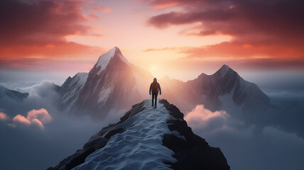 figure of a man on the way to a mountain peak at dawn, against the background of an incredible rocky landscape in dawn colors, the concept of the path to success, achievement in business - obrazy, fototapety, plakaty