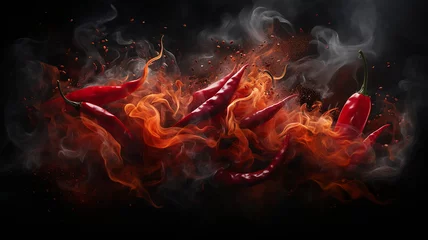 Fotobehang fresh hot red chili pepper on a black background, fiery hot seasoning © kichigin19