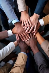 A diverse group of business people forming a circle, with their hands joined together in unity.
