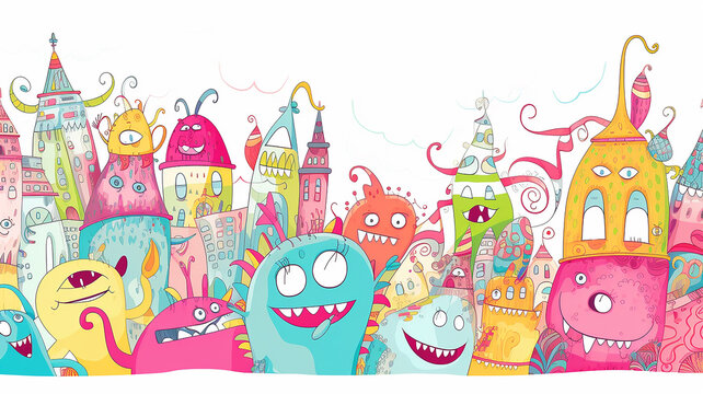 multicolored art illustration of a fabulous city of monsters, a cheerful street in a small multicolored town