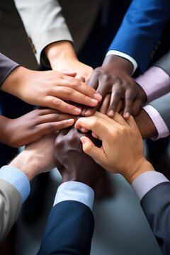 A diverse group of business people forming a circle, with their hands joined together in unity.