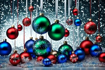A collection of blue, red, green and clear Christmas baubles hanging from ribbon and bow with snowflake glitter patterns on them isolated against a transparent background