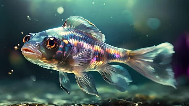 Closeup animation of a tiny guppy fish with iridescent scales, swimming in a jar of crystalclear water. .