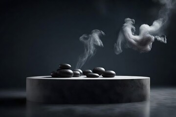 Abstract minimal concept. Dark background with natural granite stones podium on water and smoke surrounding. Mock up template for product presentation. 3D rendering. copy text space - obrazy, fototapety, plakaty