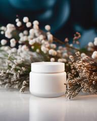 Obraz na płótnie Canvas Mock up of glass skincare jar. Isolated in Scandinavian interior background with branches, winter blossom, lights. Beauty product packaging. Product photography. Holiday, winter celebration.