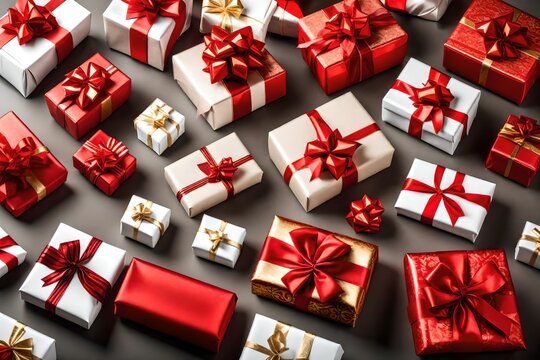 A collection of red and white gift wrapped presents with a red and gold ribbon bows isolated against a transparent background