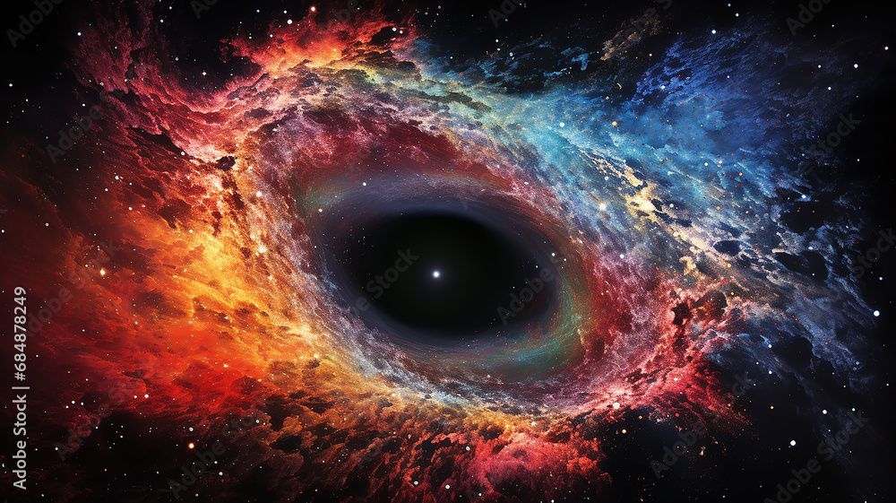 Poster black hole, illustration of a multicolored singularity in outer space abstract fictional bright cosm