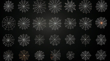 collection of isolated cobwebs on a black background, flat minimalism graphics, set of web illustrations