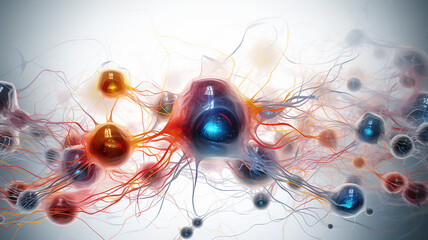 neurons under strong magnification, neural network live impulses transmitted through nerves, abstract fictional background computer graphics, structure of a living brain cell