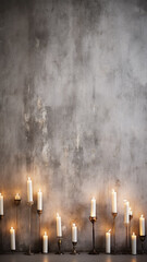 vertical christmas decorations burning candles  high form, abstract background copy space, empty blank wall background, on concrete wall