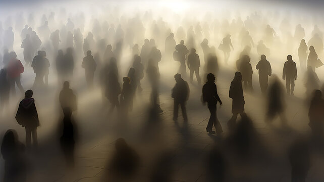 a crowd of people in blurry motion in the fog of a city street, abstract background, urban smoke, concept social issues