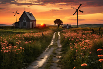 A country road leading to a house with windmills in the background